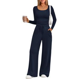 Trendy Queen 2 Piece Scoop Neck Lounge Set Womens Wide Leg Pants Side Ruching Slightly Crop Top Sweatsuit Sets With Pockets(Navy)