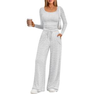 Trendy Queen 2 Piece Scoop Neck Lounge Set Womens Wide Leg Pants Side Ruching Slightly Crop Top Sweatsuit Sets With Pockets(Oatmeal Grey)