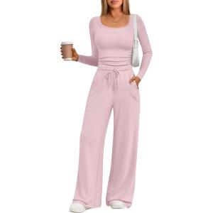 Trendy Queen 2 Piece Scoop Neck Lounge Set Womens Wide Leg Pants Side Ruching Slightly Crop Top Sweatsuit Sets With Pockets(Pastel Pink)