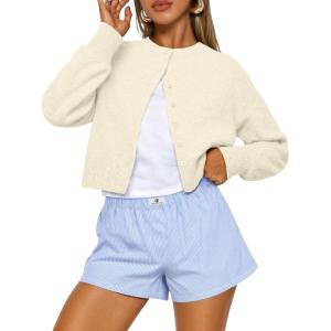 Trendy Queen Cropped Cardigan Sweaters for Women Lightweight Crop Knit Y2k Fall Outfits Fashion Clothes 2025(Beige)