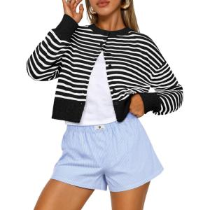 Trendy Queen Cropped Cardigan Sweaters for Women Lightweight Crop Knit Y2k Fall Outfits Fashion Clothes 2025(Black White)