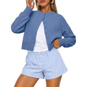 Trendy Queen Cropped Cardigan Sweaters for Women Lightweight Crop Knit Y2k Fall Outfits Fashion Clothes 2025(Blue)
