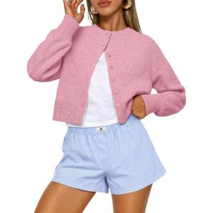 Trendy Queen Cropped Cardigan Sweaters for Women Lightweight Crop Knit Y2k Fall Outfits Fashion Clothes 2025(Pink)