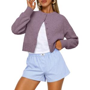 Trendy Queen Cropped Cardigan Sweaters for Women Lightweight Crop Knit Y2k Fall Outfits Fashion Clothes 2025(Purple)