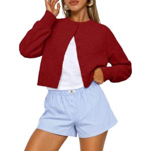 Trendy Queen Cropped Cardigan Sweaters for Women Lightweight Crop Knit Y2k Fall Outfits Fashion Clothes 2025(Red)