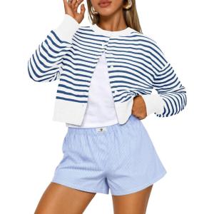 Trendy Queen Cropped Cardigan Sweaters for Women Lightweight Crop Knit Y2k Fall Outfits Fashion Clothes 2025(White Blue)
