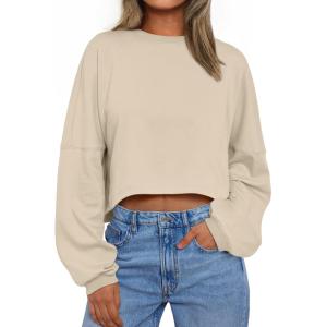 Trendy Queen Cropped Sweatshirts for Women Oversized Crewneck Sweaters Long Sleeve Tops Fall Winter Clothes 2025(Apricot)