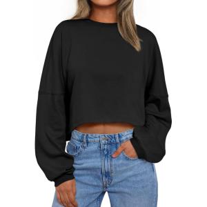 Trendy Queen Cropped Sweatshirts for Women Oversized Crewneck Sweaters Long Sleeve Tops Fall Winter Clothes 2025(Black)