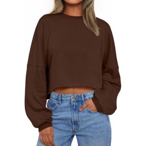 Trendy Queen Cropped Sweatshirts for Women Oversized Crewneck Sweaters Long Sleeve Tops Fall Winter Clothes 2025(Brown)