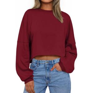 Trendy Queen Cropped Sweatshirts for Women Oversized Crewneck Sweaters Long Sleeve Tops Fall Winter Clothes 2025(Burgundy)