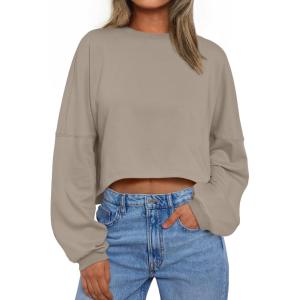 Trendy Queen Cropped Sweatshirts for Women Oversized Crewneck Sweaters Long Sleeve Tops Fall Winter Clothes 2025(Coffeegrey)