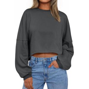 Trendy Queen Cropped Sweatshirts for Women Oversized Crewneck Sweaters Long Sleeve Tops Fall Winter Clothes 2025(Deepgrey)
