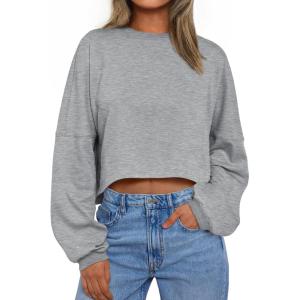 Trendy Queen Cropped Sweatshirts for Women Oversized Crewneck Sweaters Long Sleeve Tops Fall Winter Clothes 2025(Grey)