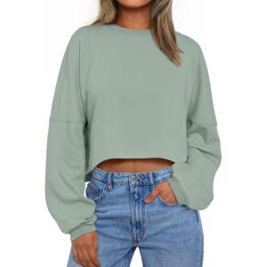 Trendy Queen Cropped Sweatshirts for Women Oversized Crewneck Sweaters Long Sleeve Tops Fall Winter Clothes 2025(Lightgreen)
