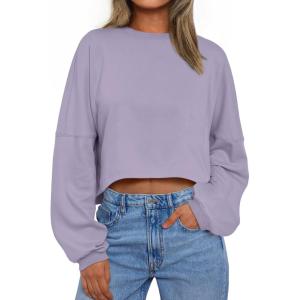 Trendy Queen Cropped Sweatshirts for Women Oversized Crewneck Sweaters Long Sleeve Tops Fall Winter Clothes 2025(Lightpurple)