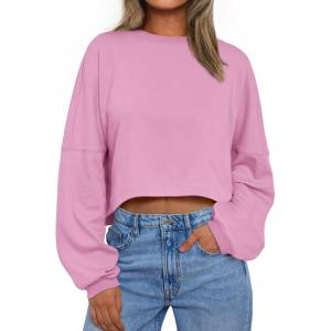 Trendy Queen Cropped Sweatshirts for Women Oversized Crewneck Sweaters Long Sleeve Tops Fall Winter Clothes 2025(Pink)