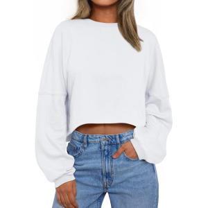 Trendy Queen Cropped Sweatshirts for Women Oversized Crewneck Sweaters Long Sleeve Tops Fall Winter Clothes 2025(White)