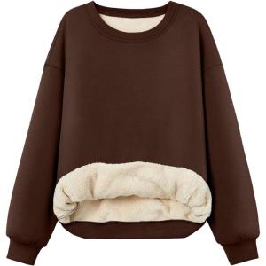 Trendy Queen Fleece Sherpa Lined Sweatshirts for Women 2025 Fall Fashion Winter Crewneck Pullover Hoodies Outfits Clothes(Chocolate Brown)