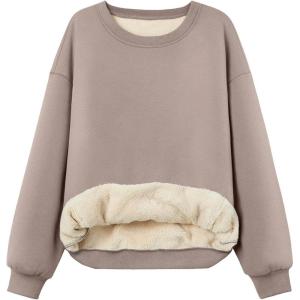 Trendy Queen Fleece Sherpa Lined Sweatshirts for Women 2025 Fall Fashion Winter Crewneck Pullover Hoodies Outfits Clothes(Coffee Grey)