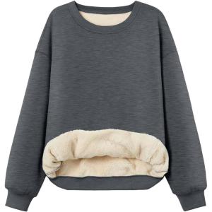Trendy Queen Fleece Sherpa Lined Sweatshirts for Women 2025 Fall Fashion Winter Crewneck Pullover Hoodies Outfits Clothes(Dark Grey)
