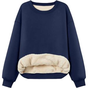 Trendy Queen Fleece Sherpa Lined Sweatshirts for Women 2025 Fall Fashion Winter Crewneck Pullover Hoodies Outfits Clothes(Navy)