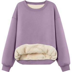 Trendy Queen Fleece Sherpa Lined Sweatshirts for Women 2025 Fall Fashion Winter Crewneck Pullover Hoodies Outfits Clothes(Purple)