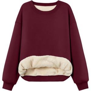 Trendy Queen Fleece Sherpa Lined Sweatshirts for Women 2025 Fall Fashion Winter Crewneck Pullover Hoodies Outfits Clothes(Wine Red)