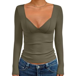 Trendy Queen Going Out Tops for Women Trendy Long Sleeve Shirts Fashion Clothing V Neck Basic Y2K Clothes Cute Shirt Corset(Army Green)