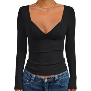 Trendy Queen Going Out Tops for Women Trendy Long Sleeve Shirts Fashion Clothing V Neck Basic Y2K Clothes Cute Shirt Corset(Black)