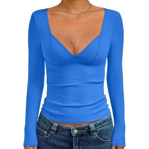 Trendy Queen Going Out Tops for Women Trendy Long Sleeve Shirts Fashion Clothing V Neck Basic Y2K Clothes Cute Shirt Corset(Blue)