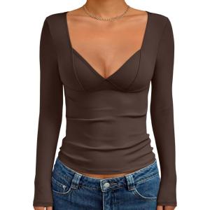 Trendy Queen Going Out Tops for Women Trendy Long Sleeve Shirts Fashion Clothing V Neck Basic Y2K Clothes Cute Shirt Corset(Brown)