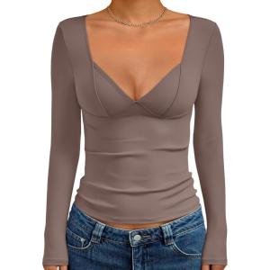 Trendy Queen Going Out Tops for Women Trendy Long Sleeve Shirts Fashion Clothing V Neck Basic Y2K Clothes Cute Shirt Corset(Coffee Grey)