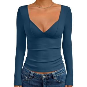 Trendy Queen Going Out Tops for Women Trendy Long Sleeve Shirts Fashion Clothing V Neck Basic Y2K Clothes Cute Shirt Corset(Dark Blue)