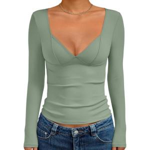 Trendy Queen Going Out Tops for Women Trendy Long Sleeve Shirts Fashion Clothing V Neck Basic Y2K Clothes Cute Shirt Corset(Green)