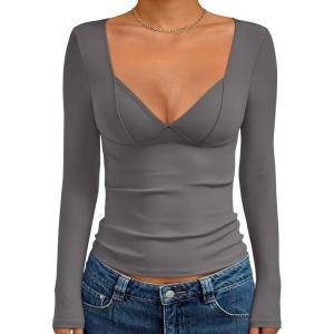 Trendy Queen Going Out Tops for Women Trendy Long Sleeve Shirts Fashion Clothing V Neck Basic Y2K Clothes Cute Shirt Corset(Grey)