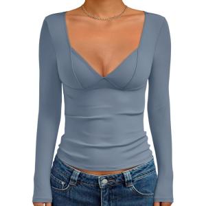 Trendy Queen Going Out Tops for Women Trendy Long Sleeve Shirts Fashion Clothing V Neck Basic Y2K Clothes Cute Shirt Corset(Haze Blue)