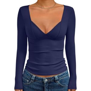Trendy Queen Going Out Tops for Women Trendy Long Sleeve Shirts Fashion Clothing V Neck Basic Y2K Clothes Cute Shirt Corset(Navy)