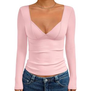 Trendy Queen Going Out Tops for Women Trendy Long Sleeve Shirts Fashion Clothing V Neck Basic Y2K Clothes Cute Shirt Corset(Pink)