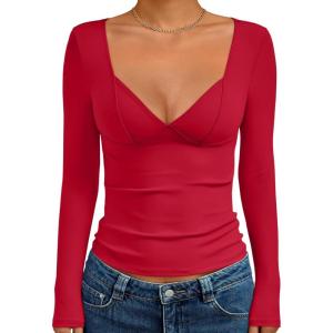 Trendy Queen Going Out Tops for Women Trendy Long Sleeve Shirts Fashion Clothing V Neck Basic Y2K Clothes Cute Shirt Corset(Red)