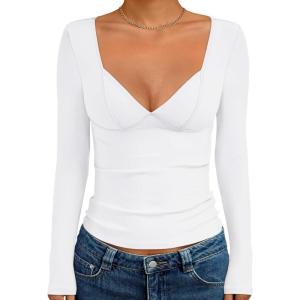 Trendy Queen Going Out Tops for Women Trendy Long Sleeve Shirts Fashion Clothing V Neck Basic Y2K Clothes Cute Shirt Corset(White)