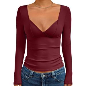 Trendy Queen Going Out Tops for Women Trendy Long Sleeve Shirts Fashion Clothing V Neck Basic Y2K Clothes Cute Shirt Corset(Wine Red)