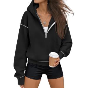 Trendy Queen Half Zip Pullover Cropped Hoodies for Women Y2k Cute Sweatshirts Jackets Fall Fashion 2025 Outfits Clothing(Black)