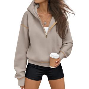 Trendy Queen Half Zip Pullover Cropped Hoodies for Women Y2k Cute Sweatshirts Jackets Fall Fashion 2025 Outfits Clothing(Coffee Grey)