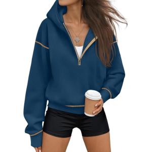 Trendy Queen Half Zip Pullover Cropped Hoodies for Women Y2k Cute Sweatshirts Jackets Fall Fashion 2025 Outfits Clothing(Dark Blue)