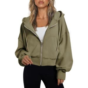Trendy Queen Hoodies for Women Full Zip Up Cropped Sweatshirts Jackets Casual Comfy Gym Tops Fall Outfits Winter Clothes 2025(Armygreen)