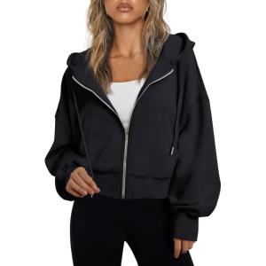 Trendy Queen Hoodies for Women Full Zip Up Cropped Sweatshirts Jackets Casual Comfy Gym Tops Fall Outfits Winter Clothes 2025(Black)