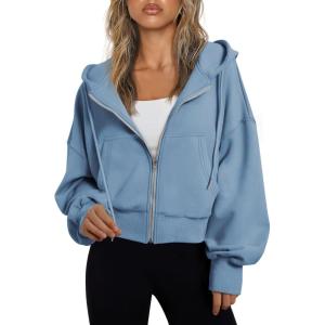 Trendy Queen Hoodies for Women Full Zip Up Cropped Sweatshirts Jackets Casual Comfy Gym Tops Fall Outfits Winter Clothes 2025(Blue)