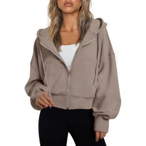 Trendy Queen Hoodies for Women Full Zip Up Cropped Sweatshirts Jackets Casual Comfy Gym Tops Fall Outfits Winter Clothes 2025(Coffegrey)