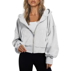Trendy Queen Hoodies for Women Full Zip Up Cropped Sweatshirts Jackets Casual Comfy Gym Tops Fall Outfits Winter Clothes 2025(Grey)
