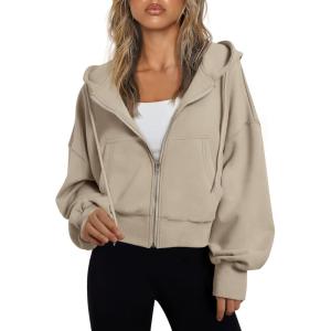 Trendy Queen Hoodies for Women Full Zip Up Cropped Sweatshirts Jackets Casual Comfy Gym Tops Fall Outfits Winter Clothes 2025(Khaki)